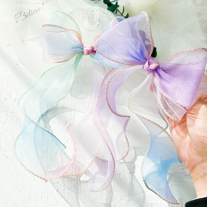 2/8pcs Long Organza Bow Hairpins Hair Accessories Sweet Net Yarn Oversized Hair Clip Summer For Children Girls Headdress