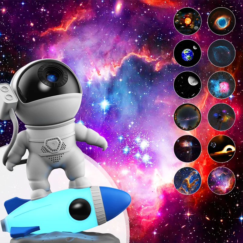 Rocket Astronaut Galaxy Projetor Lâmpada de luz noturna e 13 peças de filme Projetor de céu 360 °   Rotar planetário para quarto infantil