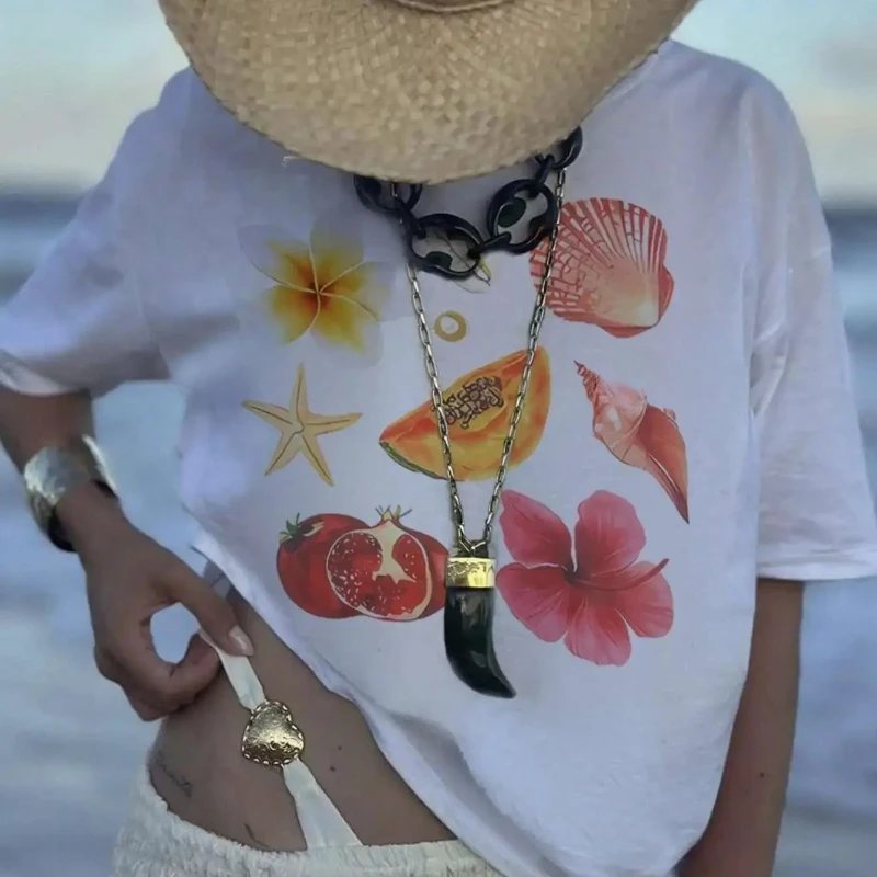 Muschel Obst und Blumen Druck T-shirt Vintage Grafik Tops frauen Y2K Mode Casual Tee Vielseitig Kurzarm Weibliche T Shirt