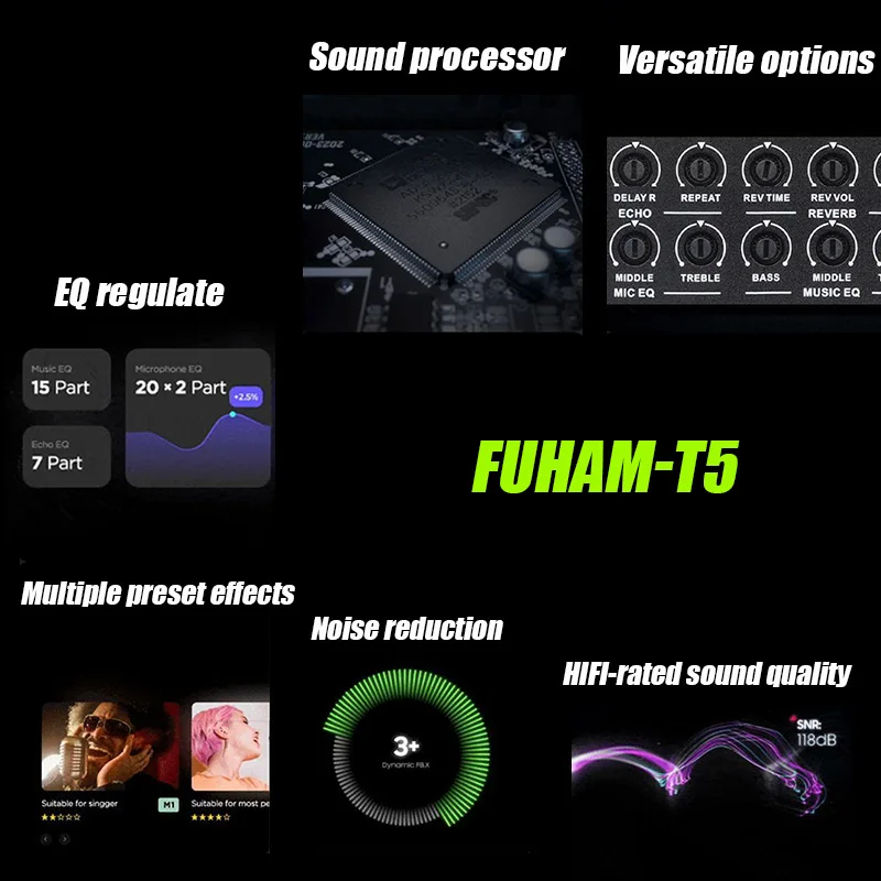 Processore preamplificatore audio FUHAM T-5 con eccitatore vocale e Bluetooth - 48DSP antiriflesso per karaoke, spettacoli teatrali,