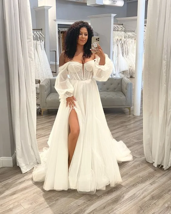 Vestido De Noiva Off Shoulder Wedding Dresses Plus Size Bride Dress for Woman Side Slit Robe De Mariée Beach Wedding Gowns