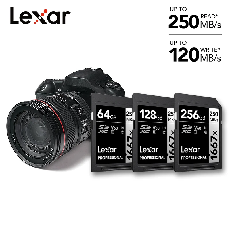 Tarjeta de memoria Lexar Professional 1667x 64GB 128GB 256GB SDXC UHS-II V60 Clase 10 de alta resistencia, hasta 250MB/s 4K para cámaras DSLR