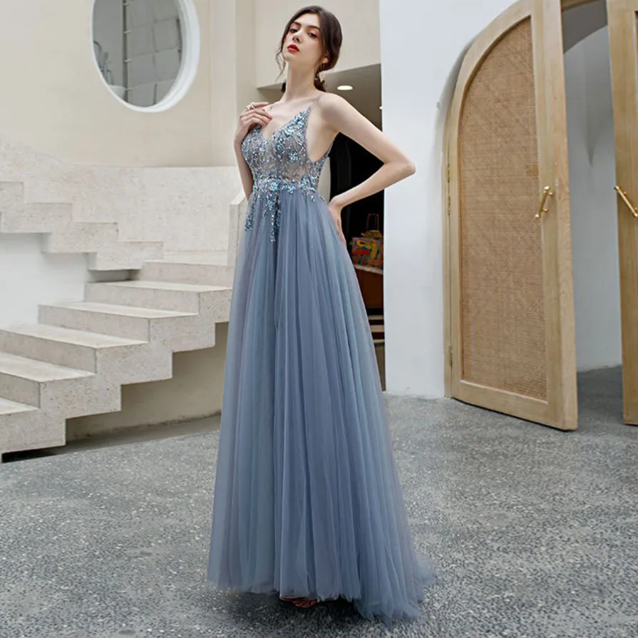 

See Through V-neck Prom Dress Sequins Blue Straight Floor Length Wedding Dresses Plus Size Sparkly Woman Clothes For Evening