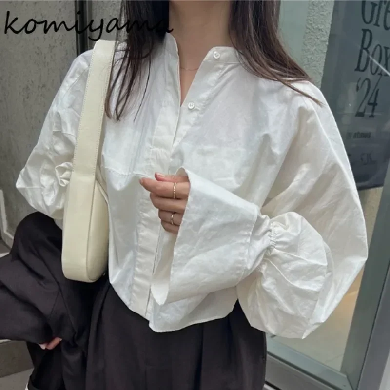 Stand Collar Single Breasted Shirts & Blouses Japan Lazy Style Blusas Flare Sleeve Ropa Mujer Autumn Woman 2025 Camisas Blusa