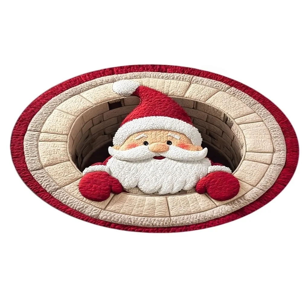80cm 31.5in 3D Illusion Rug 2D Flat Printed Santa Claus Round Vortex Carpet Crystal Velvet Non-Slip Christmas Doormat Indoor