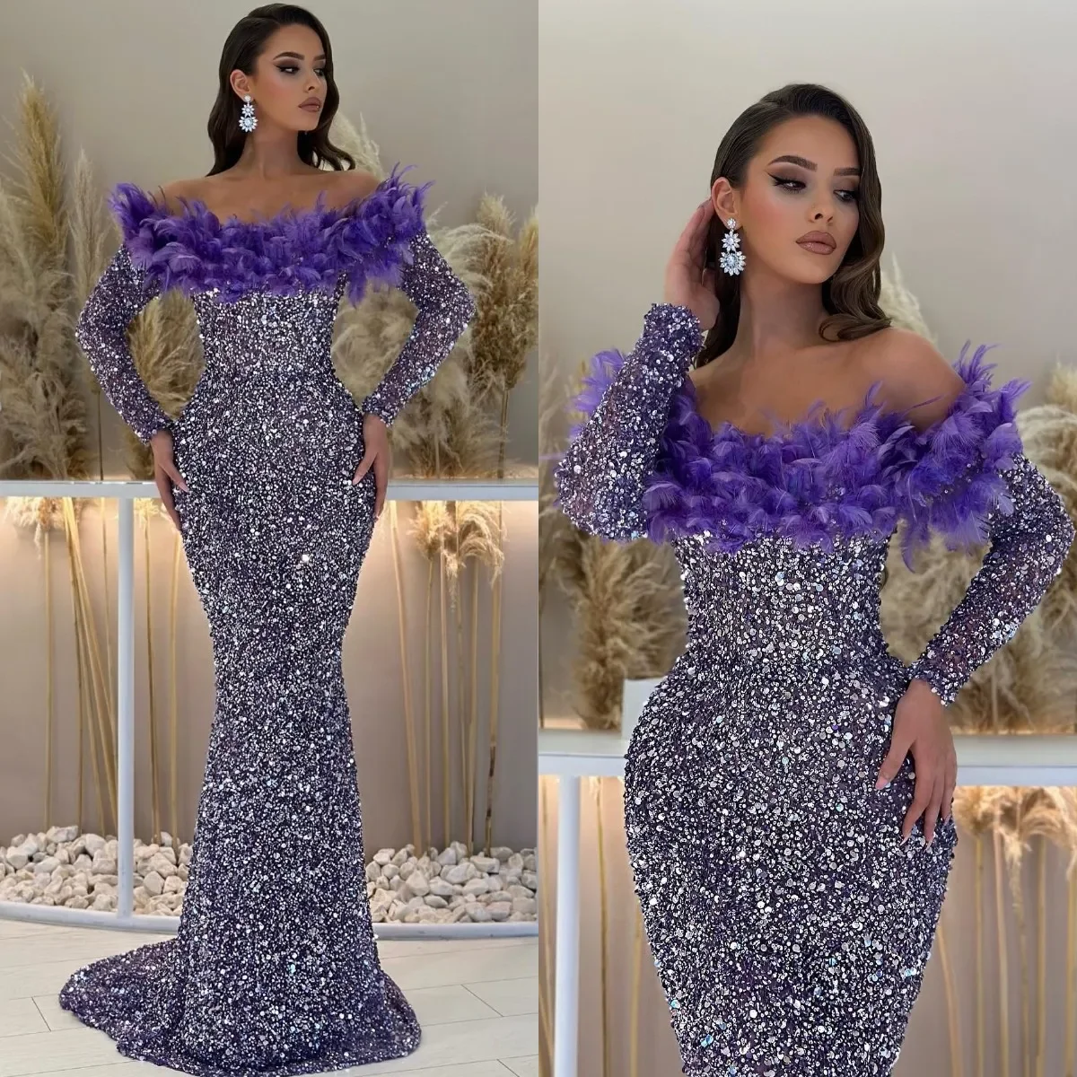 Purple Mermaid Evening Gown Feathers Off Shoulder Sequins Party Prom Dresses Sleeves Sweep Train Formal Long Dress  فساتين حفلة