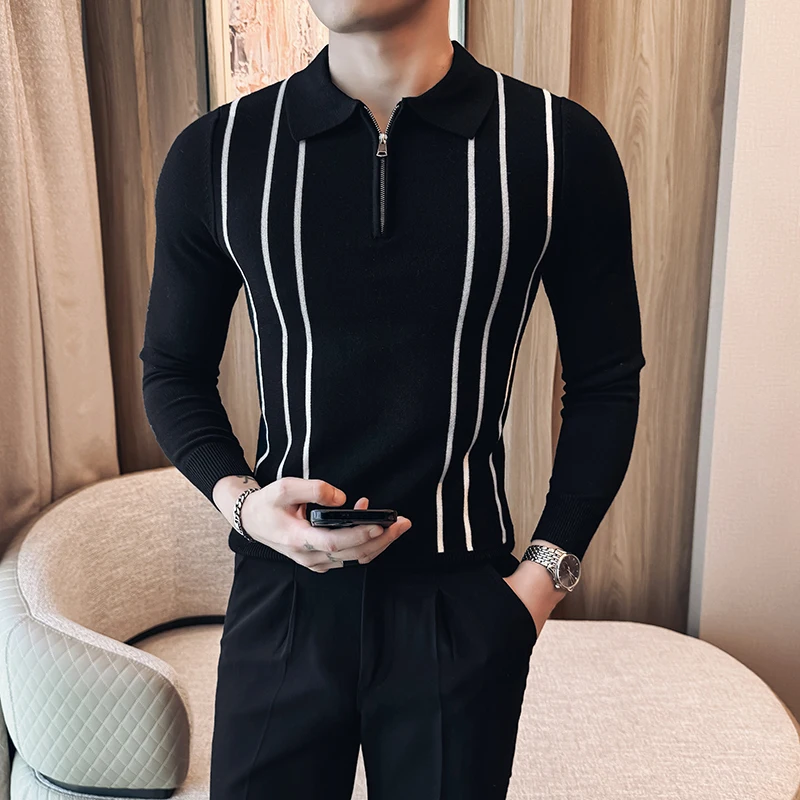 

2025 Autumn Striped Sweater Men Long Sleeve Knitted Pullovers Turn Down Collar Men's Slim Casual Business Sweaters Men Clothing