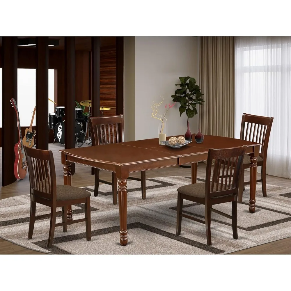 5 Piece Dinette Set for 4 Includes a Rectangle Dining Table with Butterfly Leaf and 4 Linen Fabric Dining Room Chairs, 42x78 In