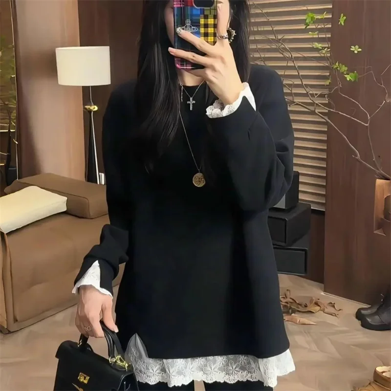 Sudadera coreana de cuello redondo a la moda para mujer, sudaderas con capucha de dos artículos falsos de encaje para mujer, Tops, camisa deportiva de ocio femenina para primavera y otoño