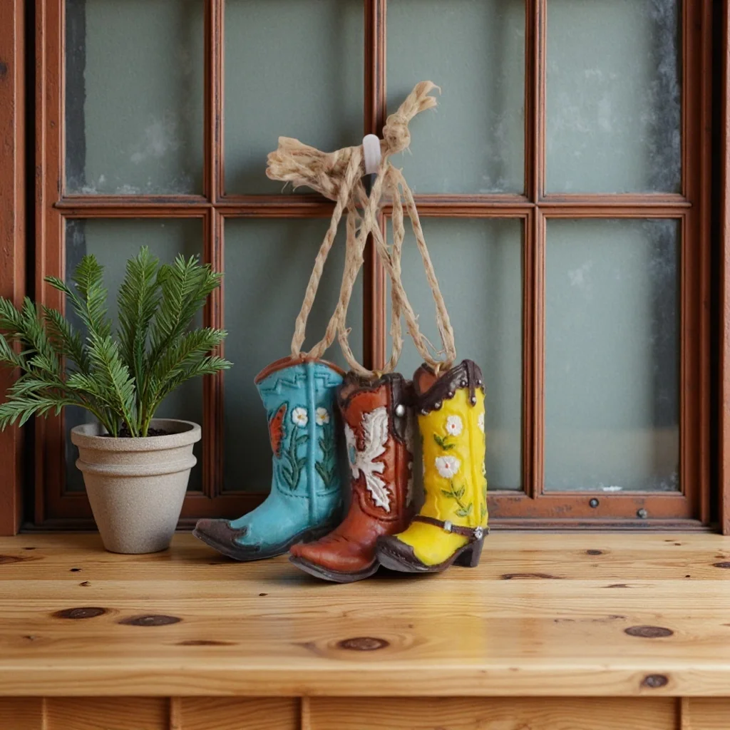 Amerikanischer Cowboy-Stiefel-Anhänger Weihnachtsbaumdekoration Kunstharz-Handwerk Innen- und Außenbereich Cowboy-Hängeornament Zubehör – Detail 1
