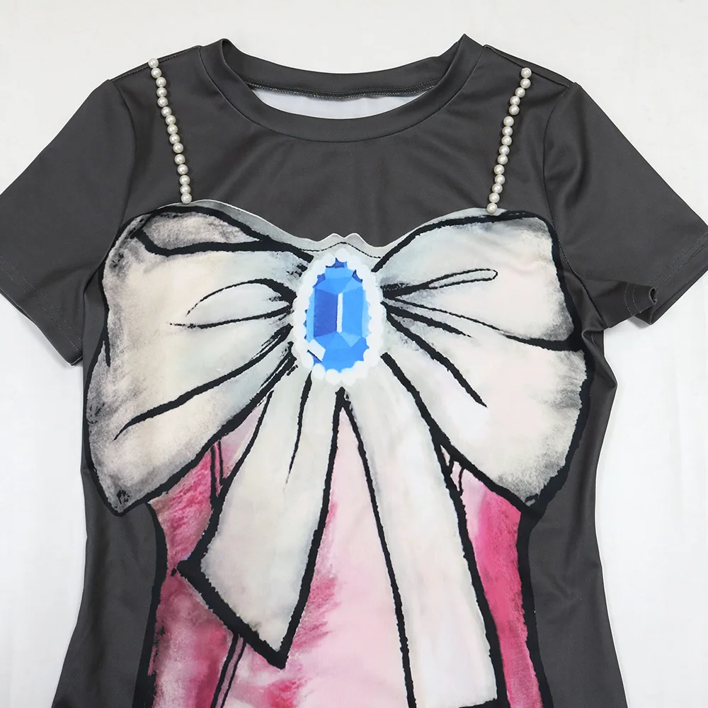 Moda Perłowe kokardki Nadruk Split Casual Dress Trendy damskie Krótkie rękawy Letnie sukienki wiosenne O-neck Biuro Lady Robe Długa sukienka