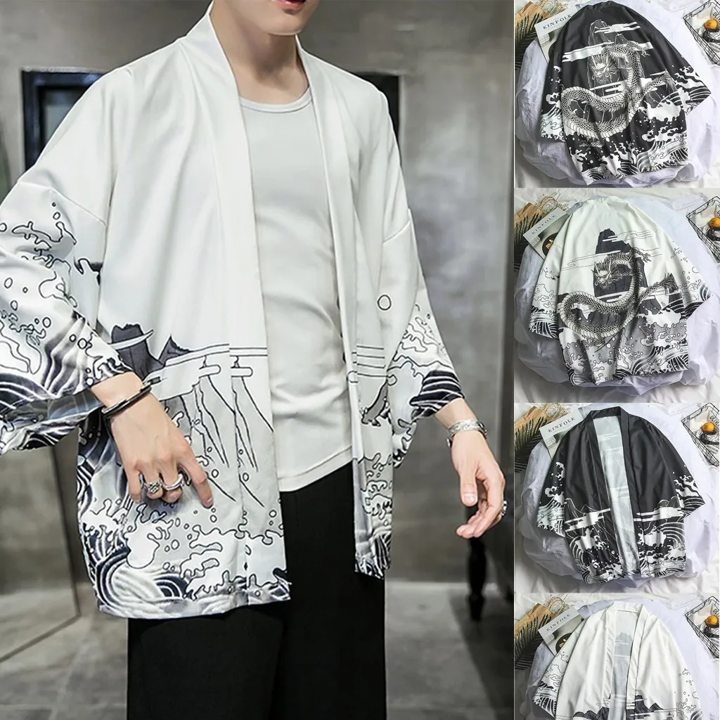 Traditional Japanese Wave Carp Print Shirts Mens Long Sleeve Haori Yukata Samurai Oversize Chinese Blouses Coat  Male Tees