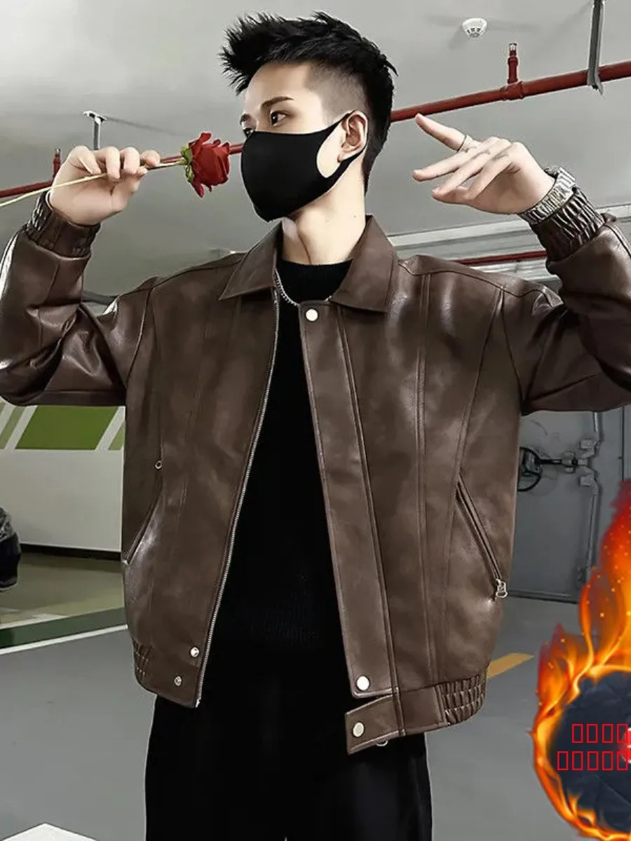 

Thiened Men's Leather Jaet Casual Sli Autumn Winter New Faion Brand Zhang uai Long Sve Zipper Closure CleanFit