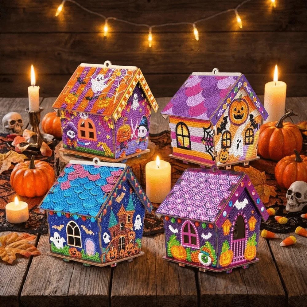 3D Wooden House Halloween Rhinestone Painting Kit Spooky Ghost Pumpkin Pattern DIY Craft Kit Cute Pearl Art Handmade Craft Set