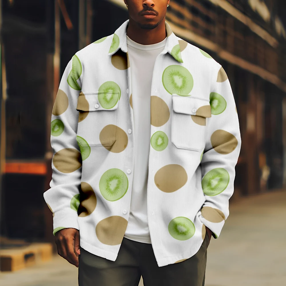 

Cool Men's White Jacket Kiwi fruit Patchwork Long Sleeve Turn-down Collar Button Coat Casual Streetwear