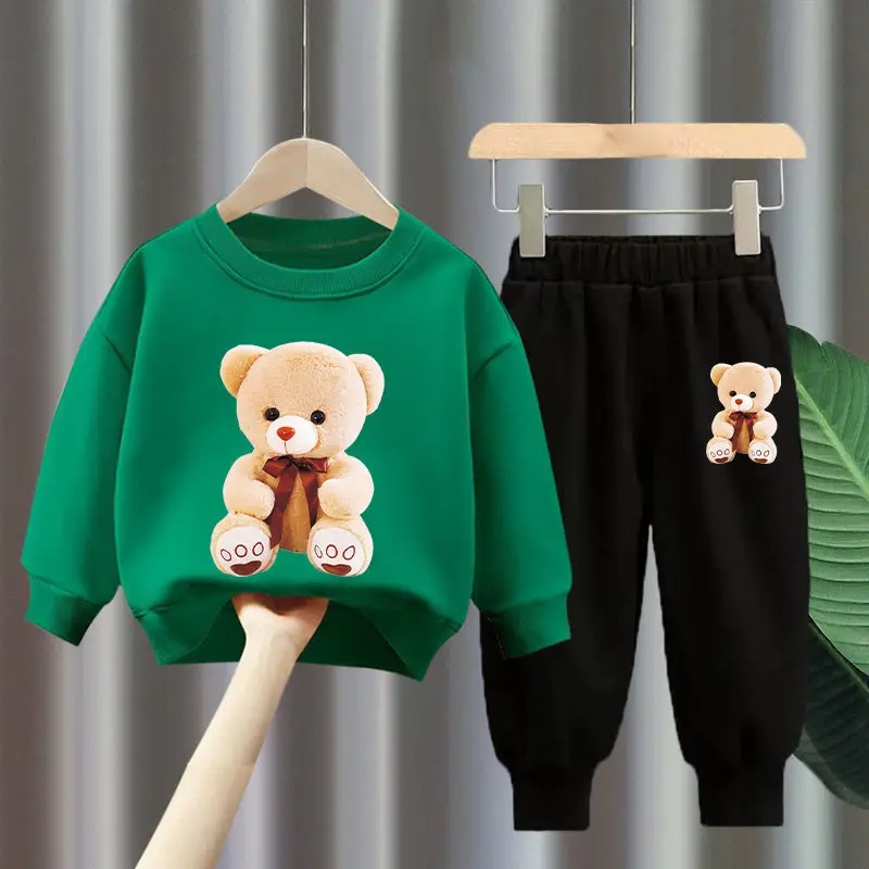 Autumn Baby Girls Clothes Set Kid Boy Cartoon Bear Printed Sweatshirt Pullover And Pants 2pcs Suit Children Top Bottom Tracksuit