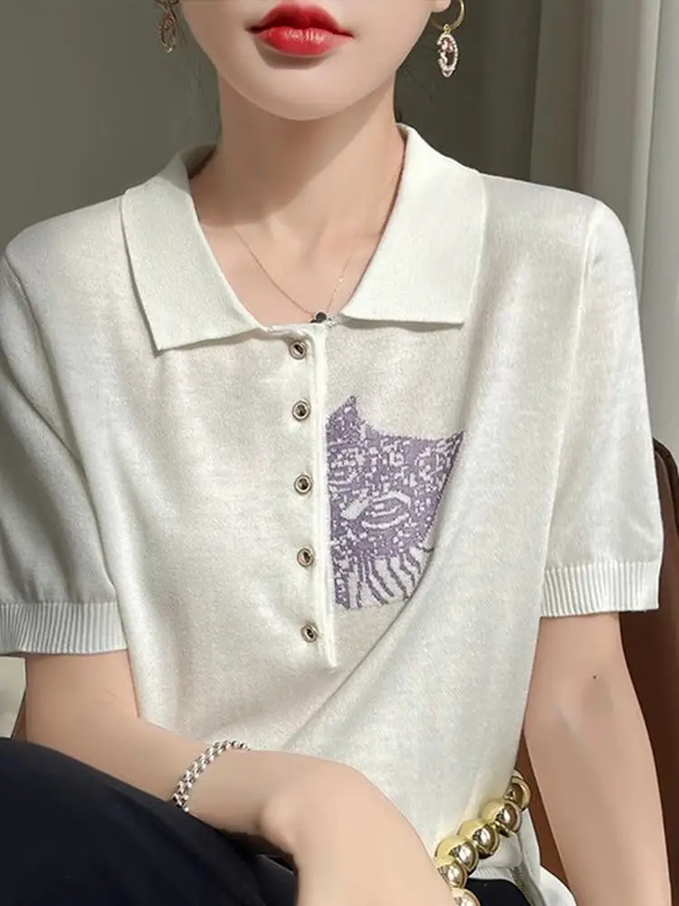 เสื้อยืดไหมพรมถักสไตล์เกาหลี ลายการ์ตูน โลโก้ใหม่ สำหรับผู้หญิง ใส่สบายๆ ในฤดูร้อน