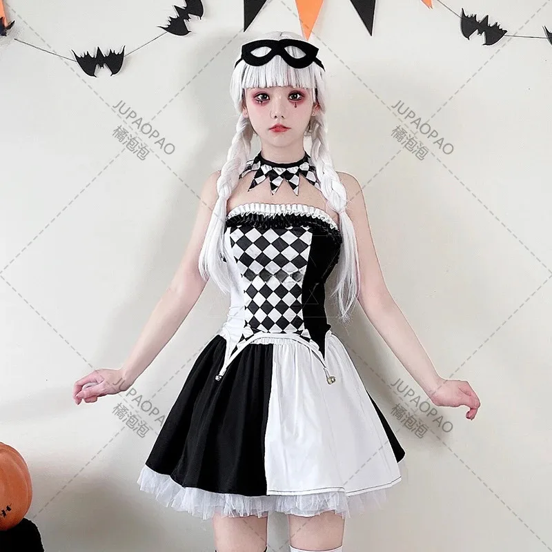 Disfraces de circo de Halloween para mujer, disfraz de Anime japonés Lolita, vestido de fiesta, uniforme a cuadros de juego de rol de payaso para colegiala 2024