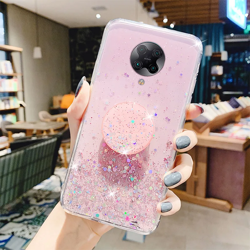 Bling Glitter Silver Foil phone holder Case For Xiaomi Mi Poco X3 NFC X4 M4 M3 F2 Pro X2 Redmi K30 K20 Pro Core Silicone Cover