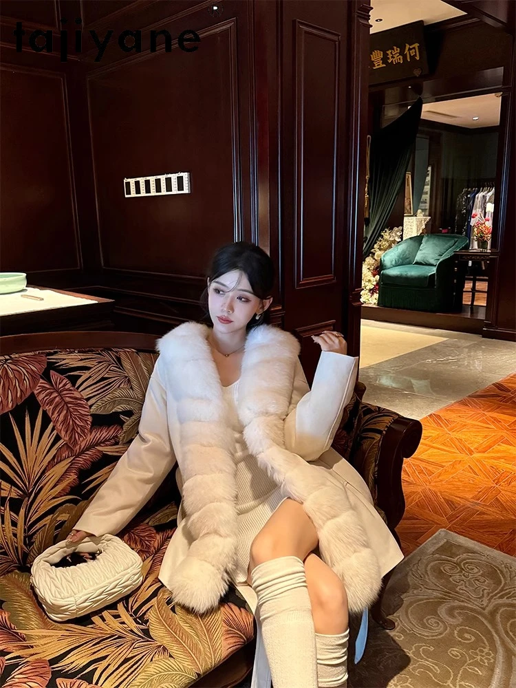เสื้อโค้ทขนห่านสีขาวสำหรับผู้หญิง TAJIYANE แจ็คเก็ตขนสัตว์หรูหราสำหรับผู้หญิง เสื้อโค้ทหนังกลับอุ่นๆ เสื้อผ้าฤดูหนาวปี 2025 สำหรับผู้หญิง куртка женская