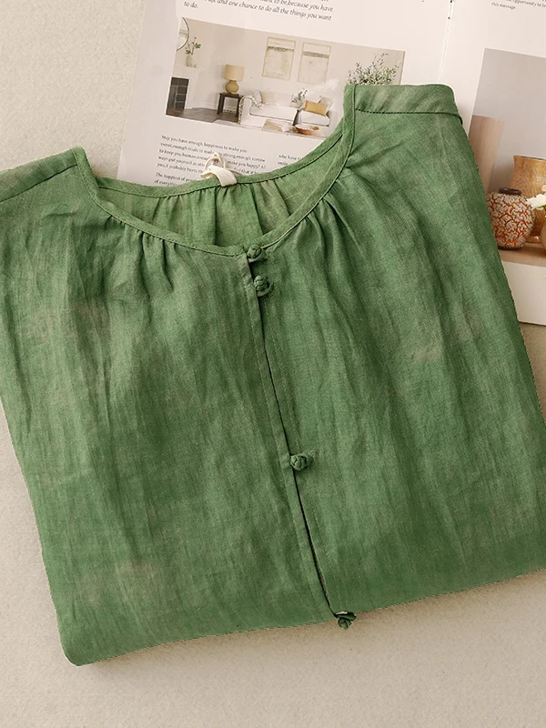 Lightweight Breathable Cotton Linen Short Sleeve round Neck Casual Shirt Women's Summer Fashion Pure Color Button up Top