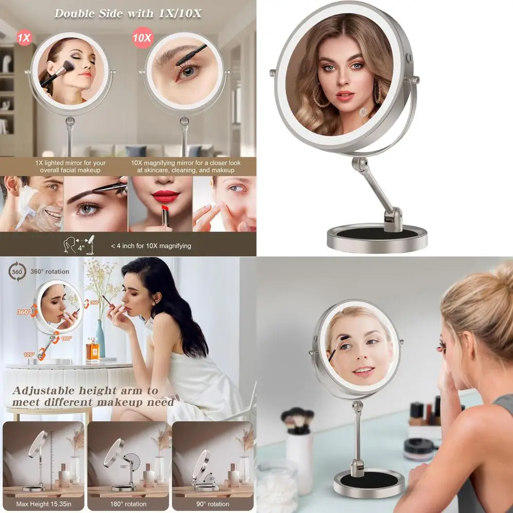 

9 Двустороннее светодиодное косметическое зеркало с регулируемой высотой, 1X/10X увеличением и 3-цветным затемнением