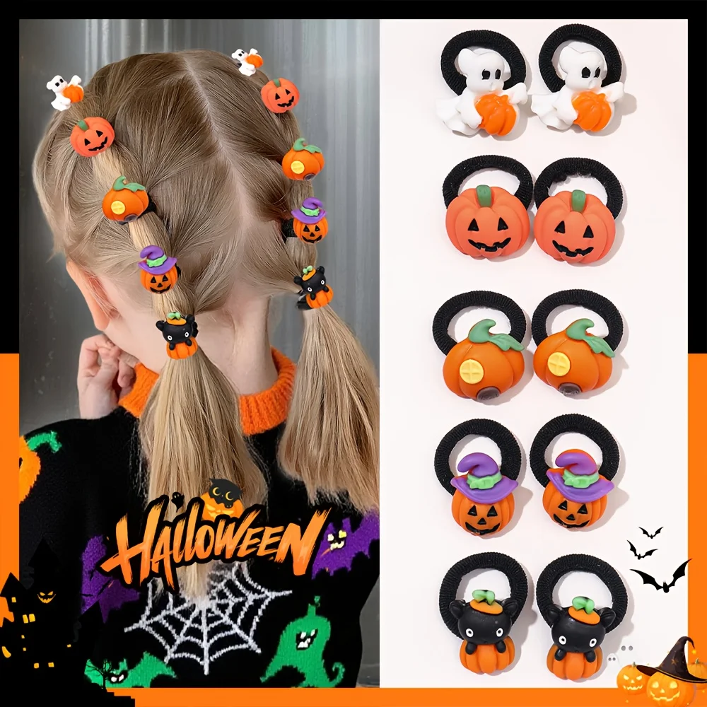 10-Pack Cute Halloween Hair Ties for Girls - Spooky Pumpkin Ghost Bat And Cat Design Ideal Halloween Gift for Girls