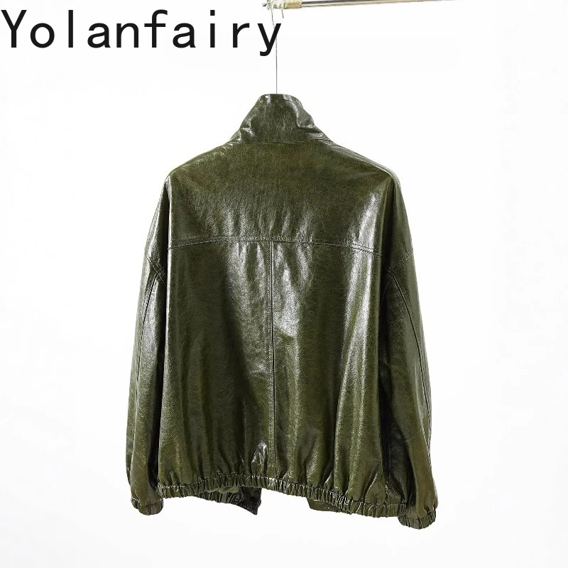 YOLANFAIRY High-end Green Oli-waxed Real Sheepskin Genuine Leather Jacket Women Casual Loose Leather Coat Fashion 2026 Chaquetas