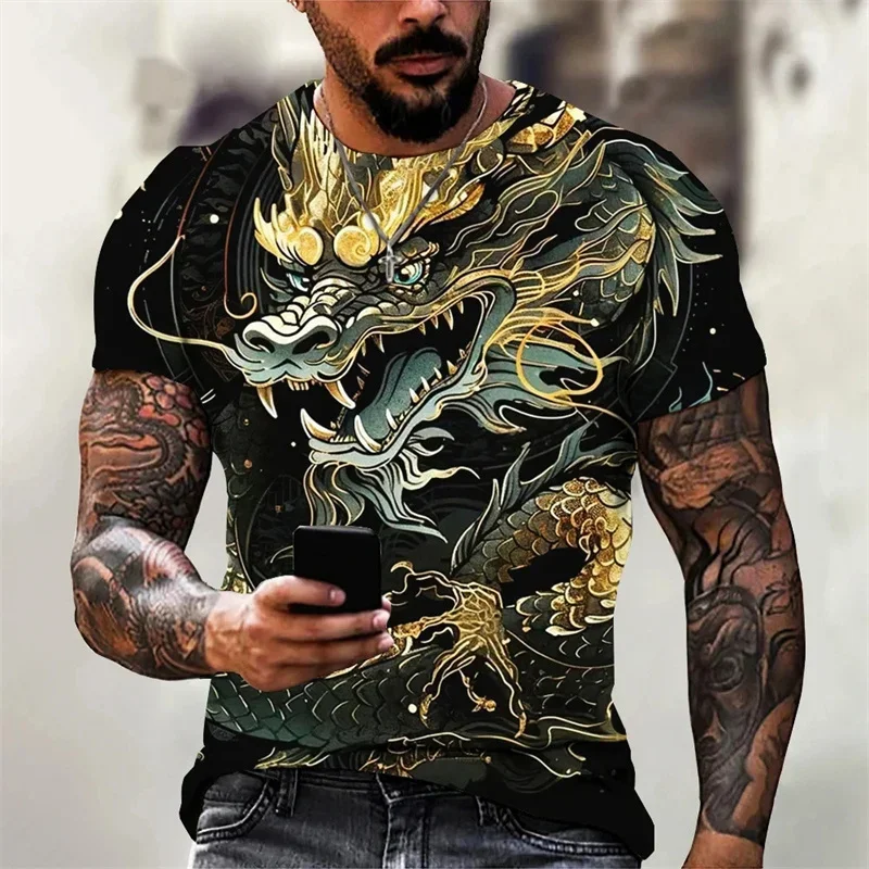 

Dominant ice dragon 3D three-dimensional printing short sleeve men's retro China-Chic casual T-shirt Cyber mechanical dragon Eur