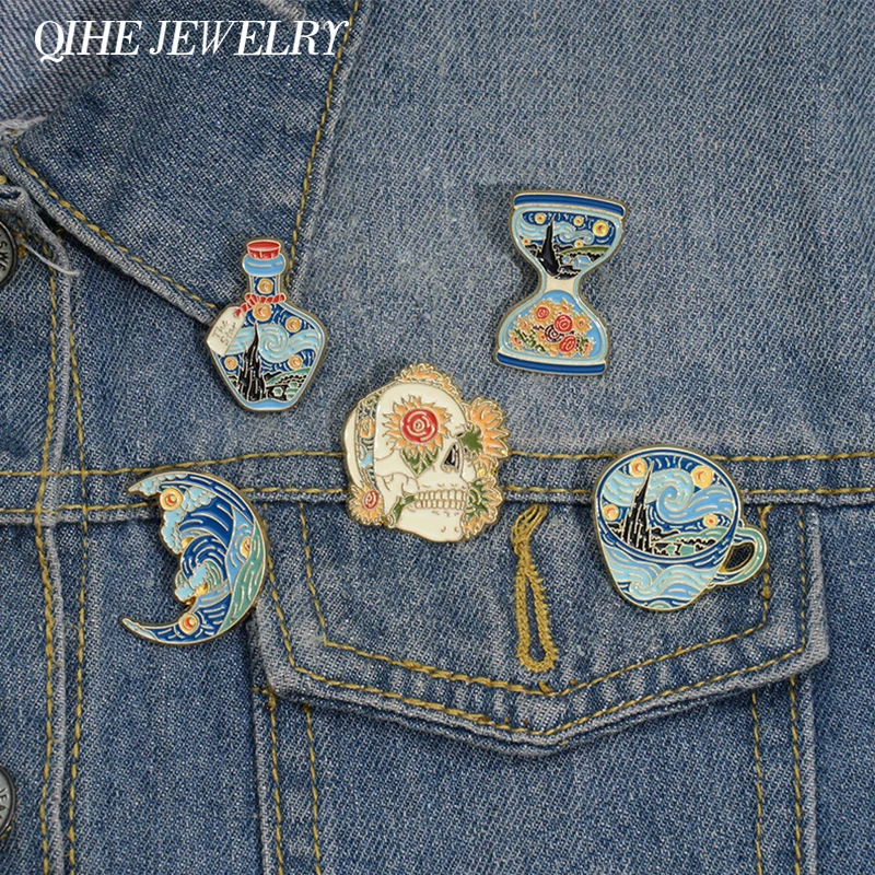Ölgemälde Brosche Emaille Pins benutzer definierte Sternen himmel Kunst Flasche Sanduhr Wellen Sonnenblumen Broschen Revers Abzeichen Modeschmuck Geschenk