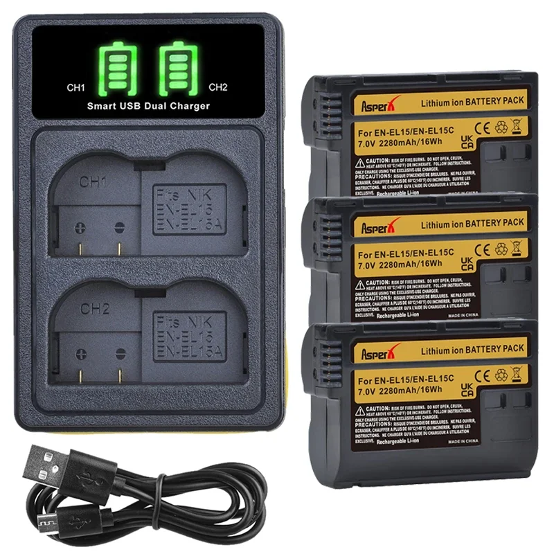 2280mAh EN-EL15A EN-EL15C EL15 EN EL15 Battery + LED Charger for Nikon D500, D610, D750, D800, D810, D850, D7000, D7100, D7500