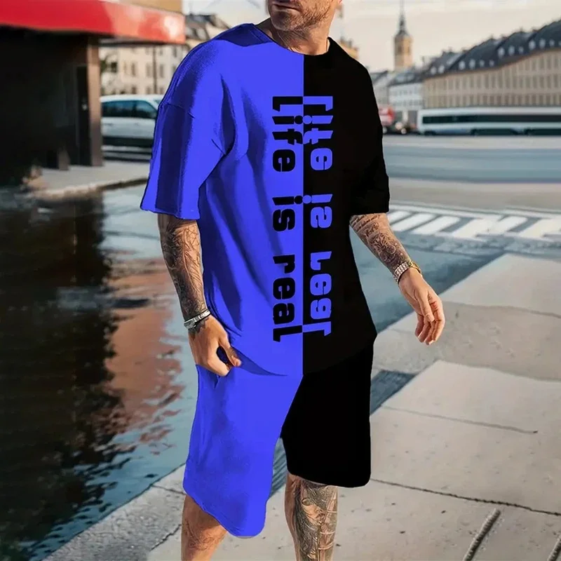 2026 جديد الصيف ملابس رياضية رجالية النمر مطبوعة عادية الشارع دعوى ثلاثية الأبعاد ستيريو مطبوعة بحر تي شيرت رجالي السراويل قطعتين مجموعة #2