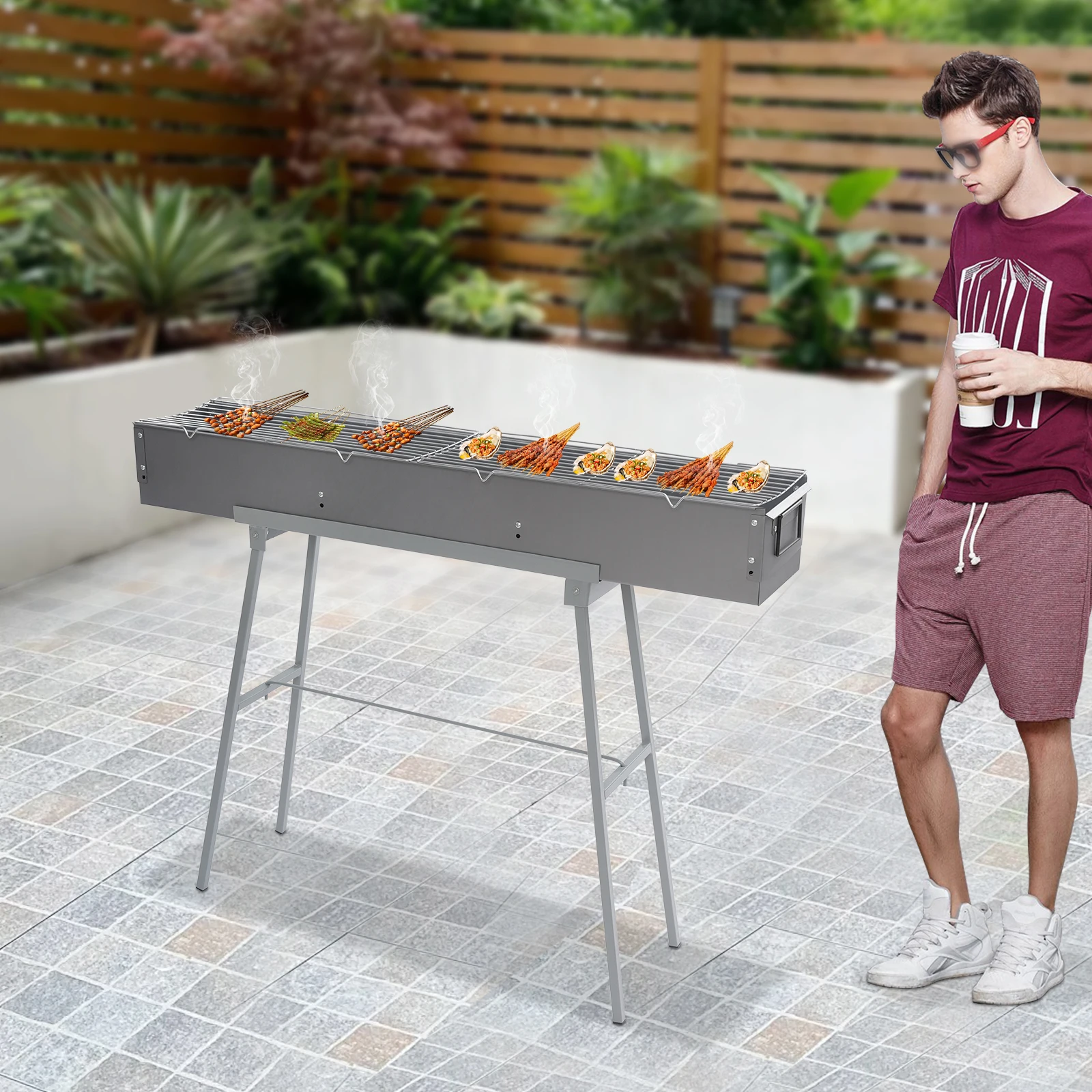 

Barbecue Charcoal Grill with 2 Grill Mesh Outdoor Camping Grill Zinc-Iron Alloy Portable Folding BBQ Cooking Tool