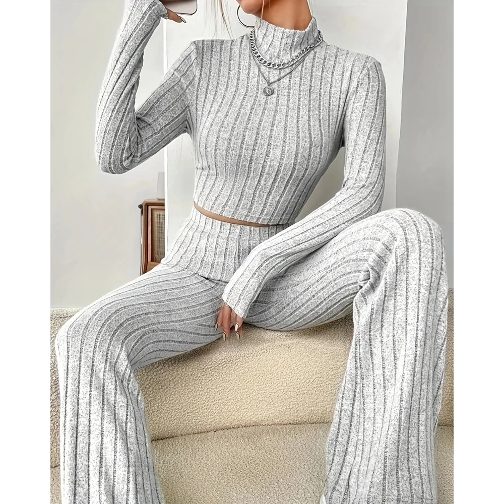 Autumn Elegant Women Long Sleeve Mock Neck Knitted Top & High Waist Flared Pants Set Causal Ribbed Two Pieces Set Streetwear