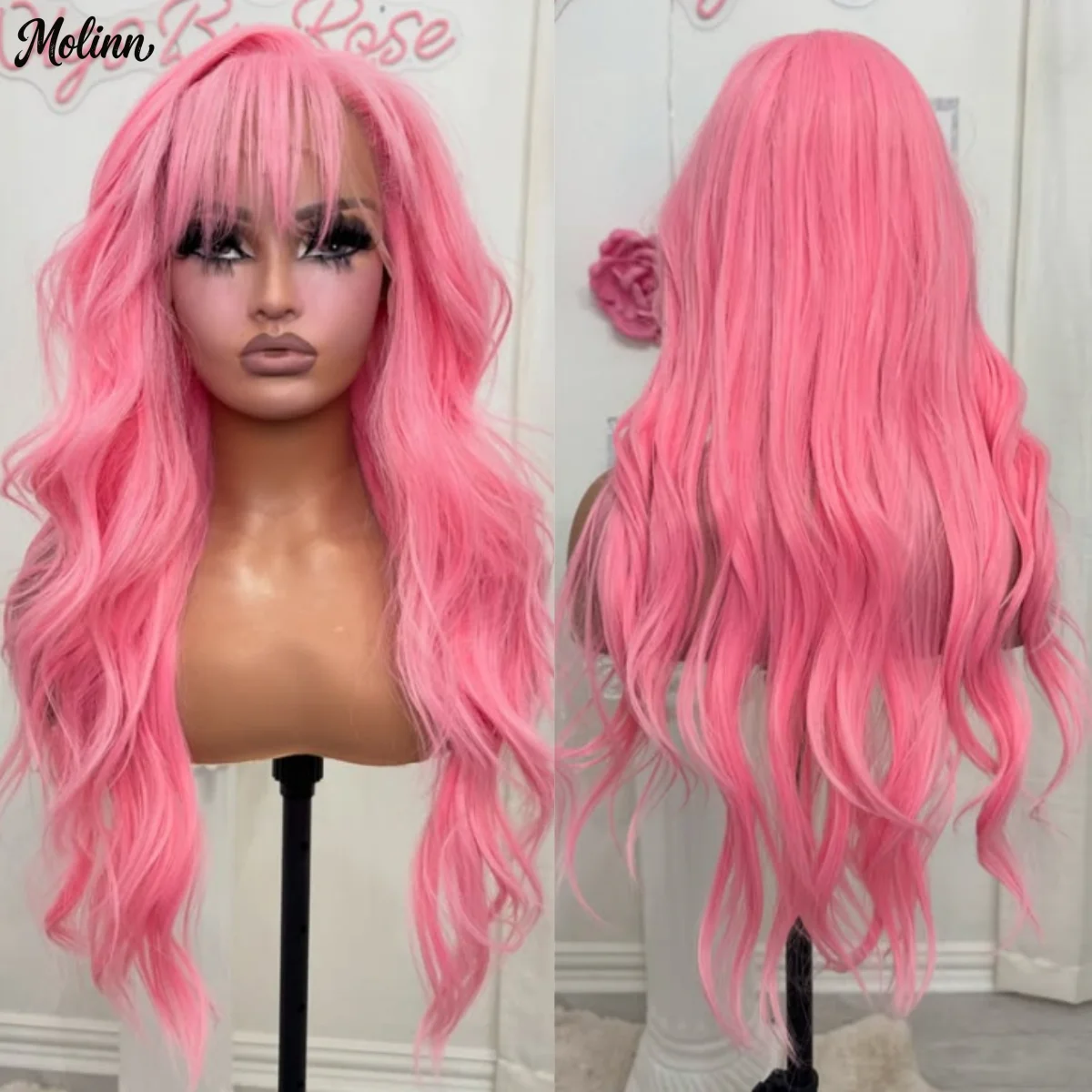 Pink Wig Loose Body Wave Lace Front Wig with Bangs 13x4 HD Synthetic And Blend Premium Fibre Heat Resistant Party Wear Cosplay