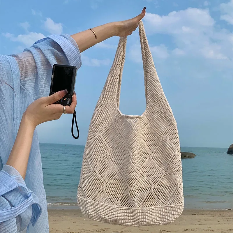 

Fashion Hollow Design Woven Women Shoulder Bag Knitted Large Capacity Handbag Summer Travel Tote Casual Beach Bag