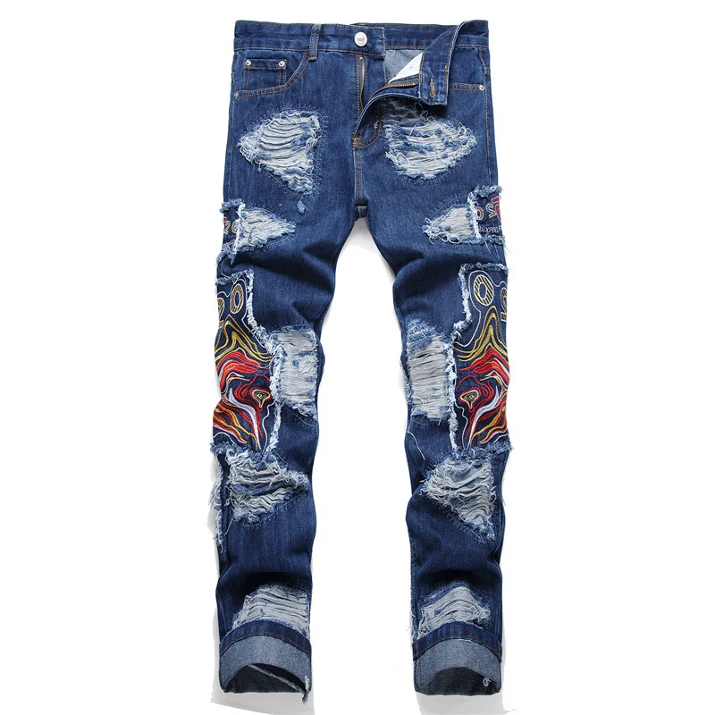 

Brand Original Design New Embroidery Big Hole Patch Blue Black Casual Jeans Inelasticity Straight Slim Fit Denim Pants