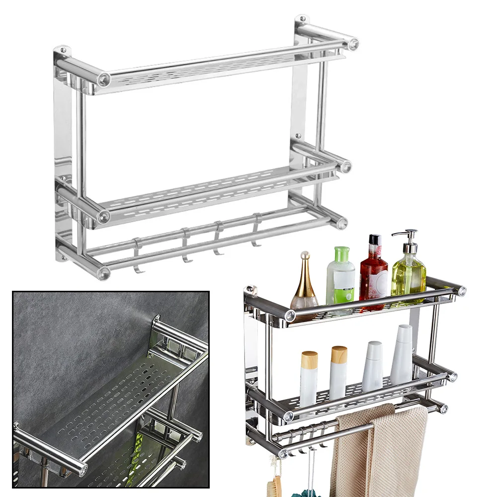 Stainless Steel Storage Shelf Household Toilets Vanity Tables Towel Holder Punch Free Double Layer Wall Mount Rack For Bathroom