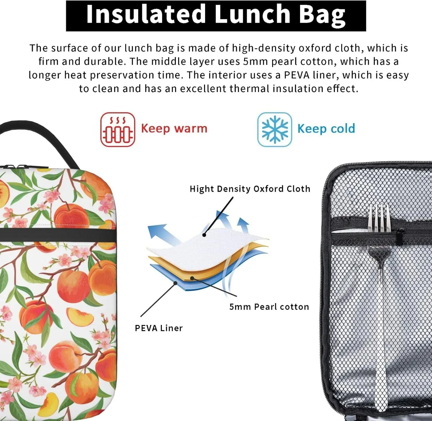 Pfirsichfarbene Lunchbox für Erwachsene, Kinder, Damen, Herren, Obst, Lunchtasche, Kühltasche, wiederverwendbar, isoliert, Lunchtasche, Behälter, Geschenke