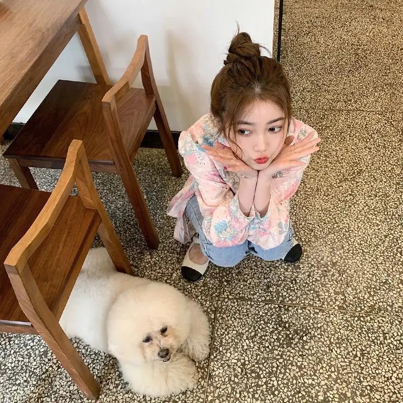 여성용 꽃무늬 셔츠 및 블라우스, 나비 시폰 상의, 귀여운 럭셔리 디자이너, 예쁜 키높이 M