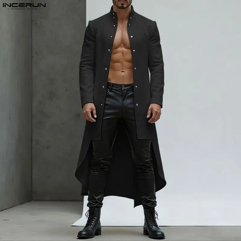 

INCERUN Мужская длинная стильная рубашка с однотонным воротником-стойкой и длинным рукавом, мужские рубашки нестандартной формы, уличная одежда, свободные модные повседневные топы, майки