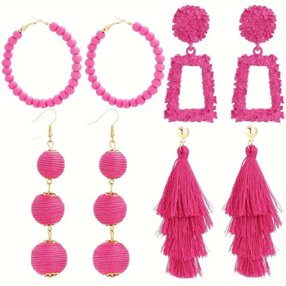 Exquisite Pink Dangle Hoop Earrings BOHO Bohemian Style Long Drop Earrings Love Pendant Cute Tassel Earrings Studs Female