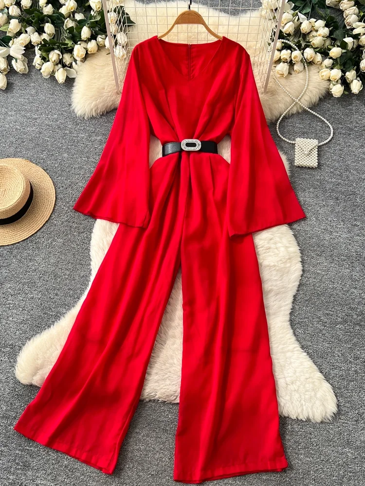 

Elegant High Waist Slimming One-Piece Pants V-Neck Long Sleeve Women's Spring Commute Straight Leg Pants Fashionable