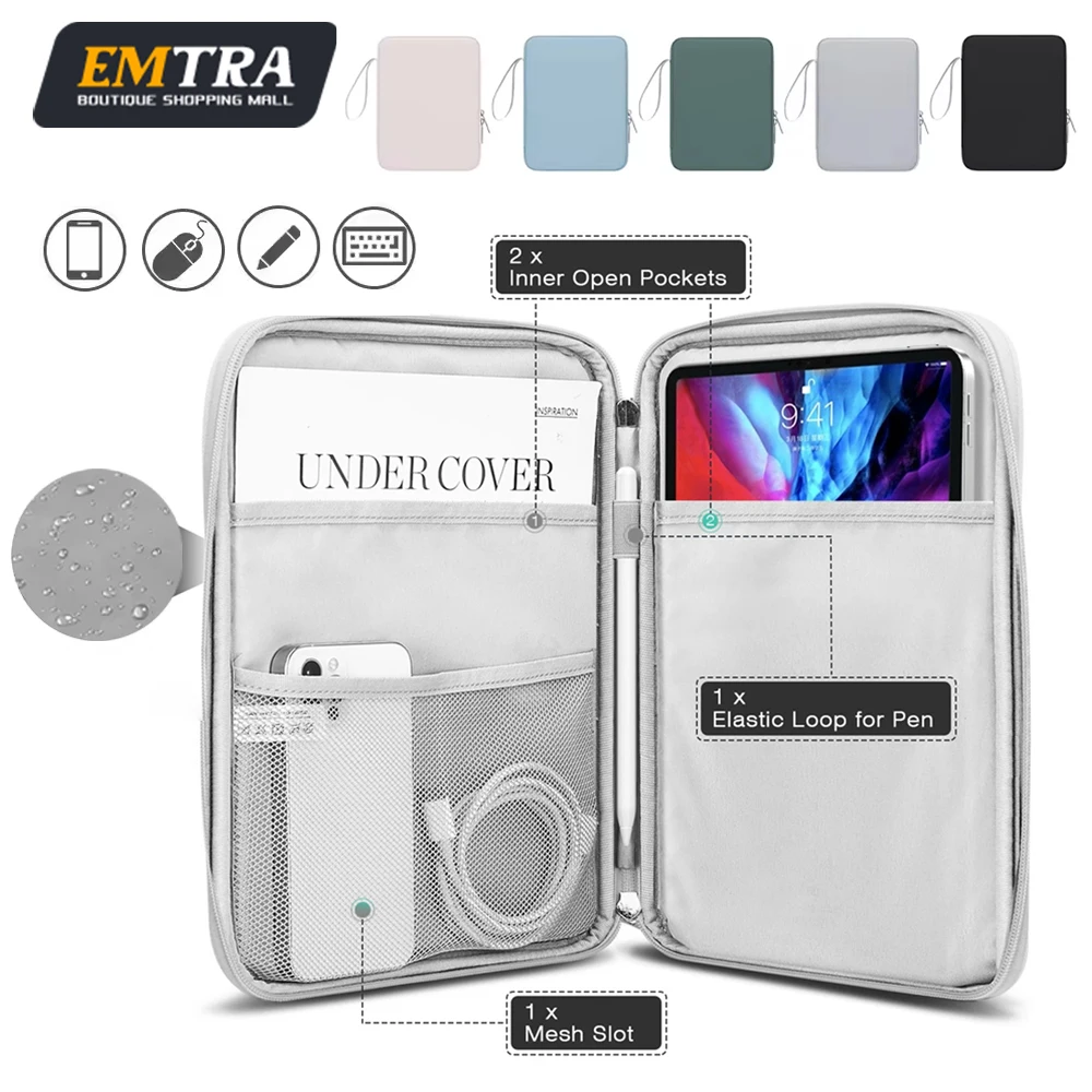 

EMTRA Tablet Sleeve Bag for iPad Pro 12.9 11 in iPad 10th Air 5 4 10.9 10.2 inch 9th 8th 7th Generation Waterproof Zipper Pouch