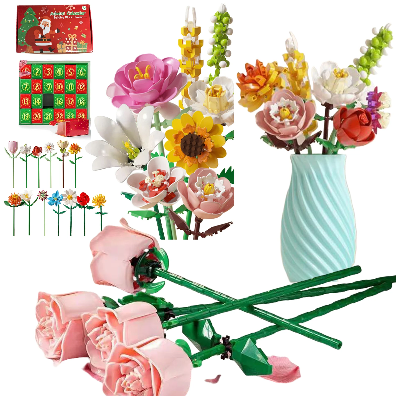 

Christmas Countdown Calendar Flower Christmas Building Blocks DIY Artificial Botanical Holiday Gifts for Adult Christmas Decor
