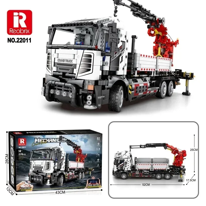2178PCS Reobrix 22011 Multifunctional Crane Truck Building Blocks Remote Control Engineering Vehicle RC Car Bricks Model Toys
