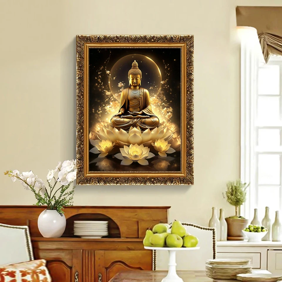 5d Diamond Painting New Arrival Fantasy Golden Buddha Lotus Diy Full Mosaic Embroidery Buddhist Flowers Picture Home Decor