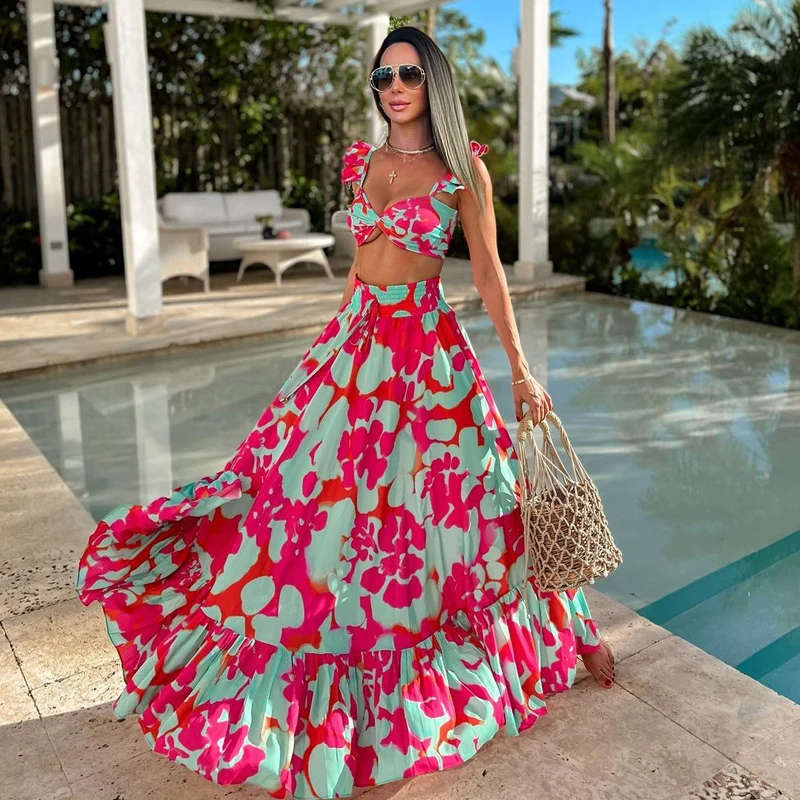 2024 Printed Ruffle Bikini and Skirt Vacation Swimwear Women Beachwear Clearance Wholesale