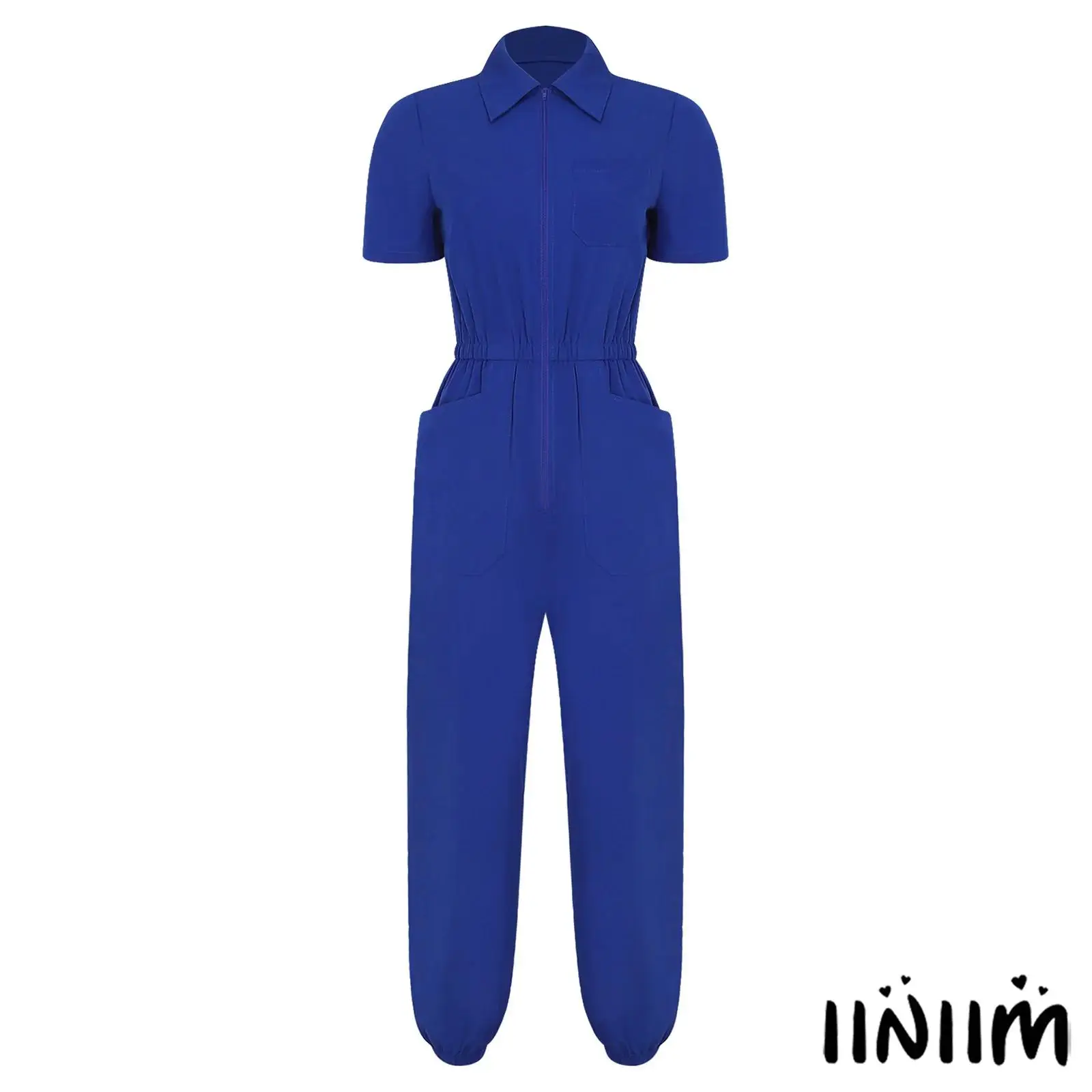 

Womens Workwear Jumpsuit Short Sleeve Multi Pocket Front Zipper Elastic Waist Jogger Pants One Piece Unitard Medical Uniform