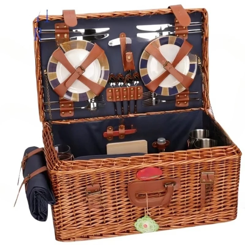 Picnic Basket Set, Wicker Outdoor Outing with Tableware Placemat Picnic Basket